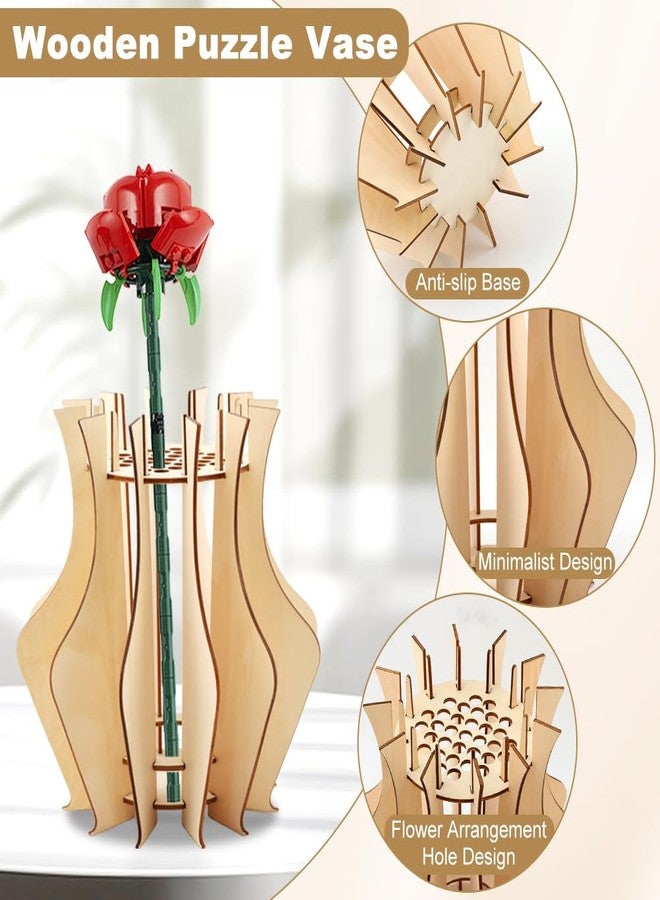 Calidaka Vase for Le-go Flowers Wooden Puzzle Vase for Flower Bouquet Building Flower Vases Display Stand for Le-go Flowers (Color:Wood) - Image 5